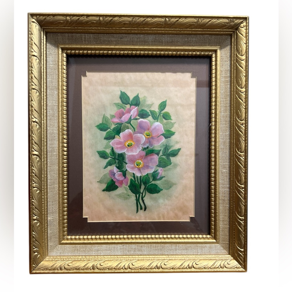 Vintage Floral Art Print in Gold Frame Alberta roses watercolor 10.5”x12.5”